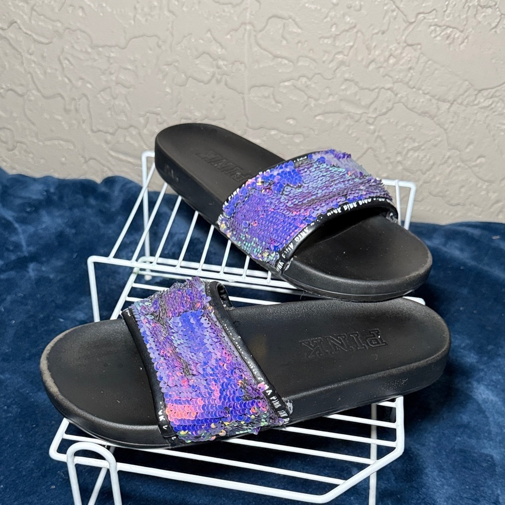 PINK Victoria's Secret Bling Purple Iridescent Sequins Slides Sandals Size 9
